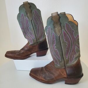 Justin Women's 7B Leather Midcalf Brown & Gray Cowboy Boots With Pink‎ Stitching
